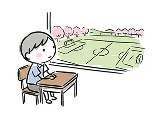 教室の席に座り窓の外のグラウンドと桜を眺める男子学生のイラスト
