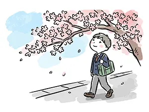 桜の木の下を歩く制服姿の男子学生のイラスト