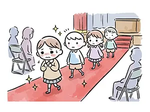 入学式で緊張しながら赤い絨毯の上を入場する新一年生の子供たちのイラスト