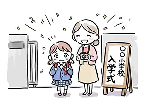小学校の入学式の看板の前で緊張する女の子とカメラを持つ母親のイラスト