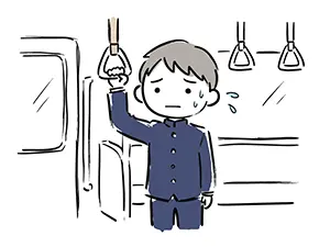電車でつり革につかまり緊張して汗を流す学ラン姿の男子学生のイラスト