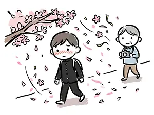 桜吹雪の中を照れながら歩く学ランの男子学生と後ろからカメラで撮影する父親のイラスト