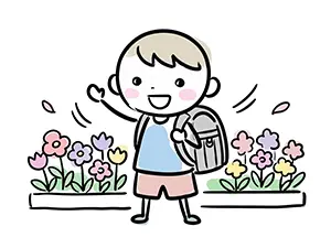 大きなランドセルを背負い花壇の前で笑顔で手を振る新一年生の男の子のイラスト