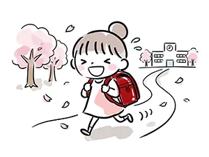 桜と学校を背景に赤いランドセルを背負って笑顔で走る新一年生の女の子のイラスト