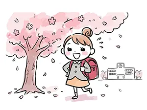 満開の桜の木の下で赤いランドセルを背負い笑顔で立つ新一年生の女の子のイラスト