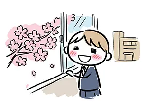 教室の窓から満開の桜と校舎を見て笑顔を浮かべるブレザー姿の男子学生のイラスト