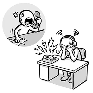 電話口で激しく怒鳴る客からのクレームに頭を抱えるコールセンタースタッフのイラスト