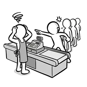 レジで店員に激怒し、後ろの客を待たせている迷惑なクレーマーのイラスト