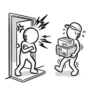 玄関で荷物を持った配達員に対して激しく怒鳴る住人のイラスト