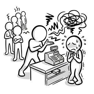 レジで延々と文句を言って店員を困らせ、後ろの客を待たせるクレーマーのイラスト