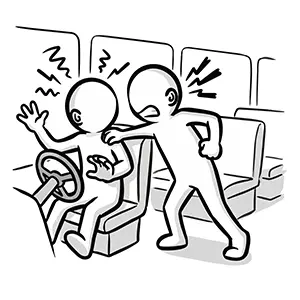運転席のドライバーの肩を後ろから掴み大声で怒鳴る乗客のイラスト