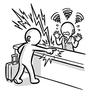 ホテルや空港のカウンターを激しく叩きスタッフを怒鳴りつける客のイラスト