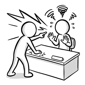 デスクに身を乗り出して指を差しながら担当者を激しく怒鳴るクレーマーのイラスト
