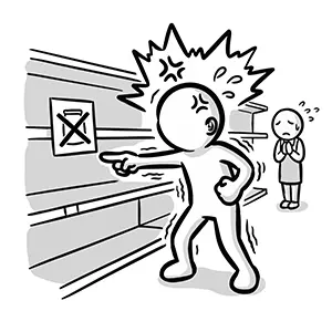 品切れの棚の前で謝る店員に対して激怒しクレームを入れる客のイラスト