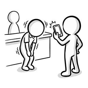 カウンターで謝る店員にスマホを向けて無断撮影や録画をする客のイラスト