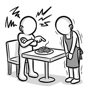 飲食店のテーブルで料理を指差してエプロン姿の店員に激怒する客のイラスト