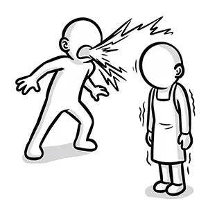 立っている店員の顔に向かって至近距離で大声で怒鳴りつけるクレーマーのイラスト