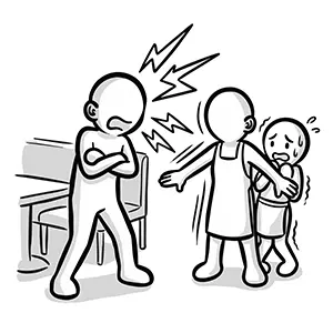 大声で怒鳴るクレーマーと、恐怖で震えながら身を寄せ合う店員たちのイラスト