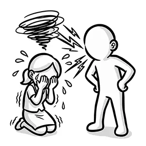 土下座をして泣き崩れる女性スタッフを容赦なく怒鳴りつける悪質クレーマーのイラスト