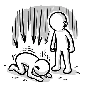 土下座して震える人を見下ろし威圧するハラスメントのイラスト