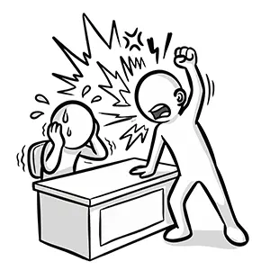 机をバンバン叩いて大声で怒鳴り、相手を怯えさせるハラスメントのイラスト