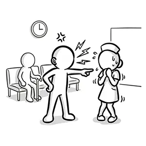 病院の待合室で待ち時間等に腹を立て看護師を怒鳴りつける患者のイラスト