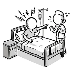 病室のベッドから看護師を指差し激しく怒鳴りつける患者のイラスト
