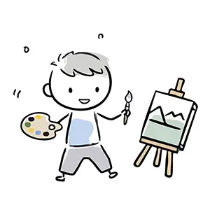 イーゼルを立てて筆とパレットを持ち風景画を描いている男の子のイラスト