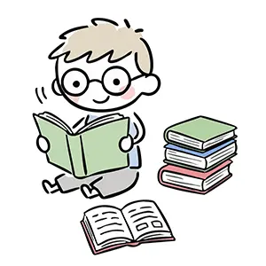 眼鏡をかけて積み上げられた本の前で座って読書に没頭する男の子のイラスト