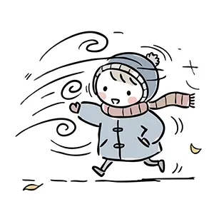 強い北風（木枯らし）の中をマフラーとニット帽で防寒して走る子供のイラスト