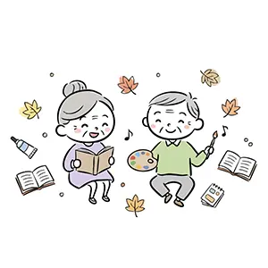 秋の紅葉が舞う中で読書と絵画制作の趣味を楽しむ笑顔の老夫婦のイラスト