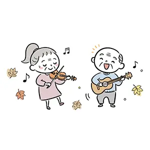 秋の紅葉の中でギターとバイオリンを演奏する笑顔の老夫婦のイラスト