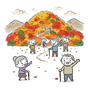美しく紅葉した山道を列になって笑顔で登る高齢者グループのハイキングイラスト
