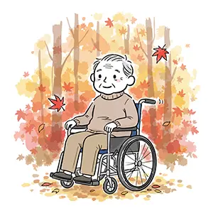 美しい紅葉の林の中を車椅子で散歩する穏やかな表情の高齢男性のイラスト