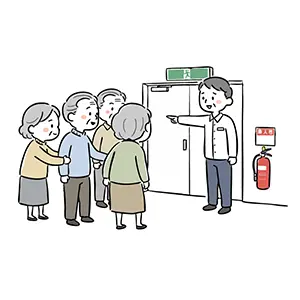 介護スタッフの誘導で非常口へ避難する高齢者の男女と消火器のイラスト