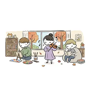 秋の部屋で読書や絵画や楽器演奏などの趣味を楽しむ家族のイラスト