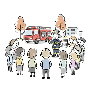 消防車の前で地域住民に防災のポイントを説明している消防士のイラスト