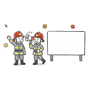 メガホンを持って呼びかける消防士の二人と紅葉が舞う白い掲示板のイラスト