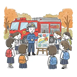 紅葉の季節に消防車を見学し消防士の説明を聞く小学生たちのイラスト