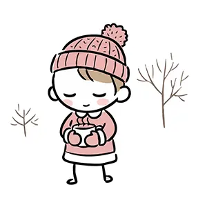 寒い日にニット帽をかぶり温かいココアを飲んでほっとする女の子のイラスト