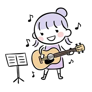 譜面台の前で楽しそうにアコースティックギターを演奏して歌う女の子のイラスト