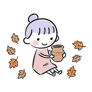 秋の落ち葉に囲まれて手作りの陶芸作品の壺を持って微笑む女の子のイラスト