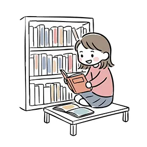 本が詰まった本棚の前で座り込み楽しそうに読書をする女の子のイラスト
