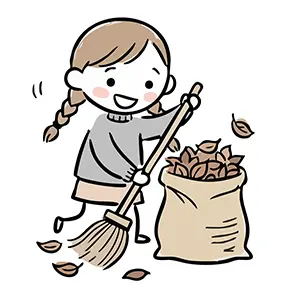 ほうきを持って落ち葉掃除をしている笑顔の女の子のイラスト