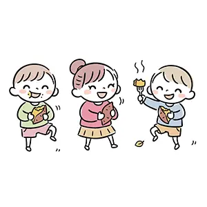 秋の味覚である焼き芋を嬉しそうに食べている男の子と女の子のイラスト