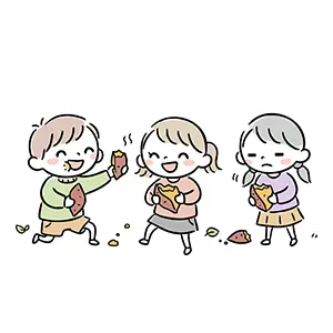 アツアツの焼き芋を手に持ち笑顔や困り顔で食べている三人の子供のイラスト
