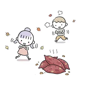 湯気が立つたくさんの焼き芋を見て大喜びしている男の子と女の子のイラスト