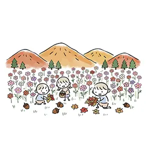 紅葉の山とコスモス畑を背景に楽しそうにどんぐりや落ち葉を拾う子供たちのイラスト