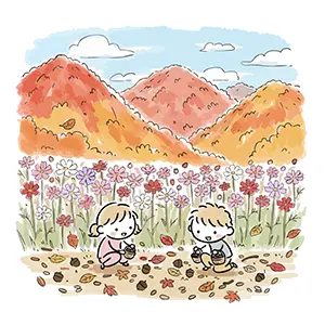 紅葉の山とコスモス畑を背景に地面でどんぐりを拾っている子供たちのイラスト