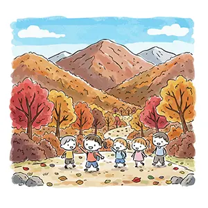 美しい紅葉の山を背景に笑顔でハイキングを楽しんでいる子供たちのグループのイラスト